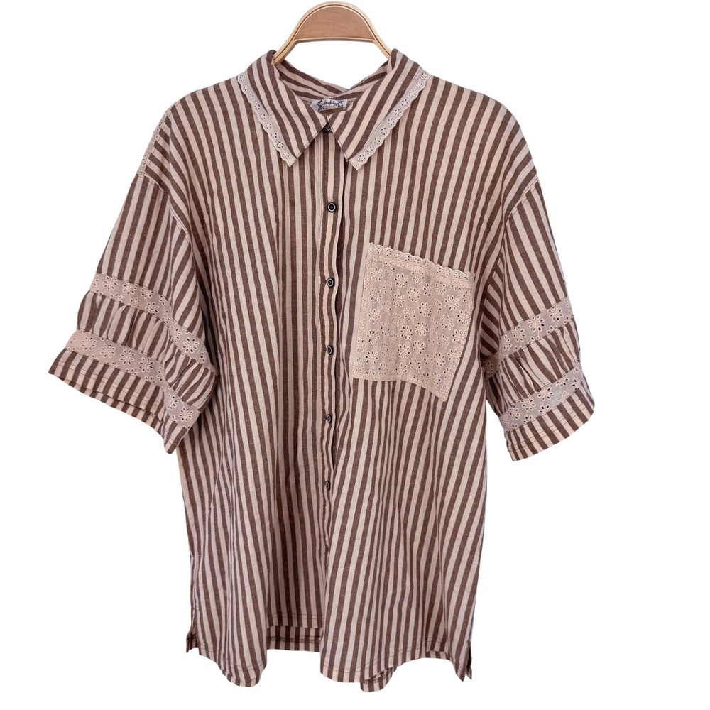 Free People Intimately Shirt Womens Small Brown Striped Eyelet NWT OB2188559